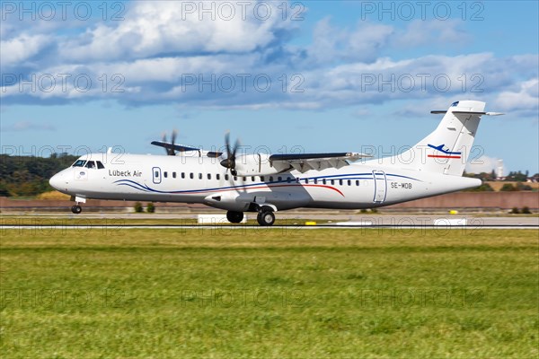 An ATR 72-500 aircraft of Luebeck Air with the registration SE-MDB at Stuttgart Airport