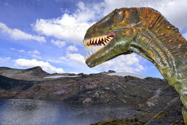 Life-size figure of a dinosaur at the highest site in the world