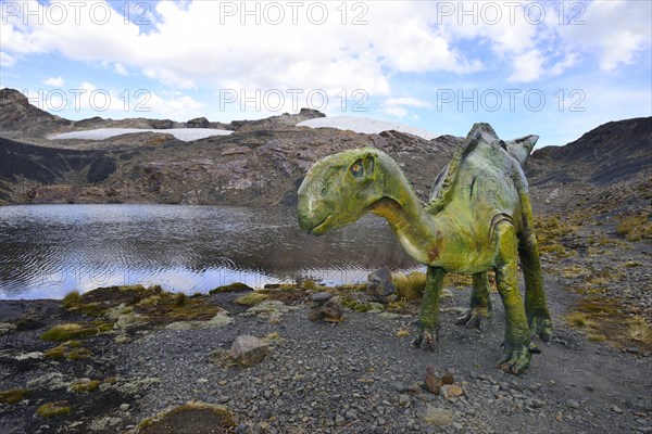 Life-size figure of a dinosaur at the highest site in the world