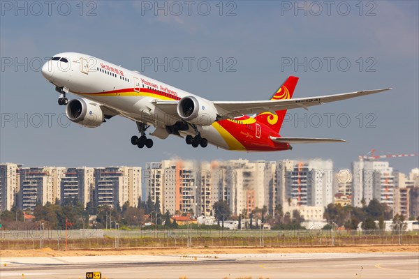 A Hainan Airlines Boeing 787-9 Dreamliner aircraft with registration number B-1341 takes off from Tel Aviv Airport