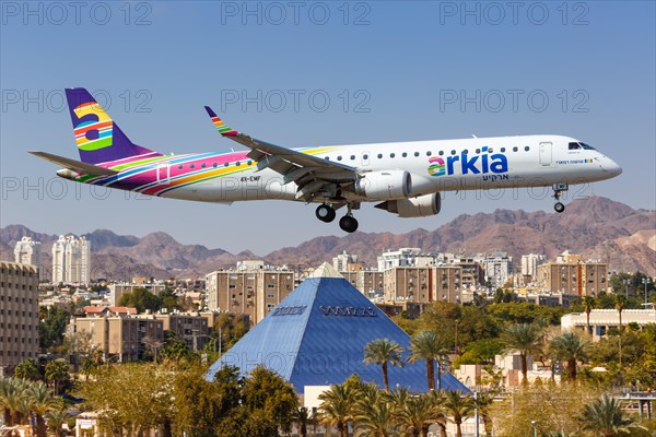 An Embraer 195 aircraft of Arkia with registration number 4X-EMF lands at Eilat Airport