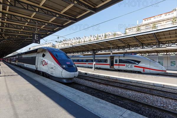 French TGV and German ICE high speed train HGV at Paris Est Station in Paris