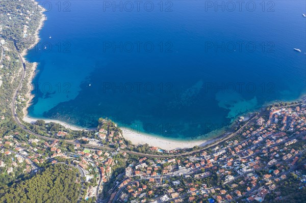 Aerial view of Roquebrune Cap Martin with the beaches Golfe Bleu and Buse west of Cap Martin and the Pointe de Cabbe