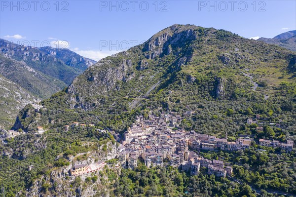 Aerial view of the mountain village of Saorge above the Roya valley on the road between Ventimiglia on the coast and the Col de Tende pass