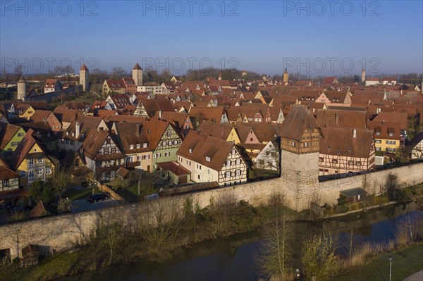 Aerial view of medieval town Dinkelsbuehl with town wall and Baeuerlinsturm