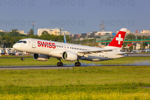 A Swiss Airbus A220-300 with the registration HB-JCM at Warsaw Airport