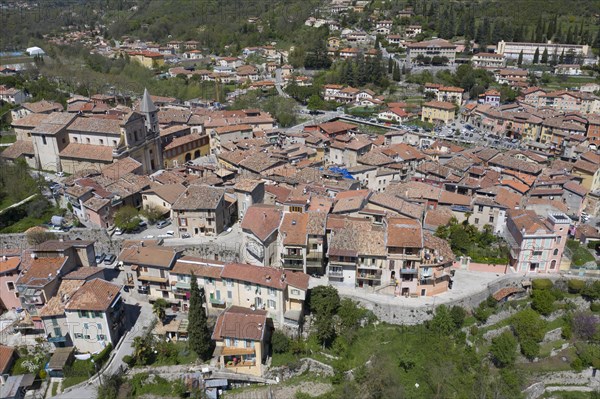 Aerial view of the mountain village of Sospel on the river Bevera at the edge of the Mercantour National Park