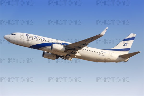 A Boeing 737-800 aircraft of El Al Israel Airlines with registration number 4X-EKF takes off from Tel Aviv Airport