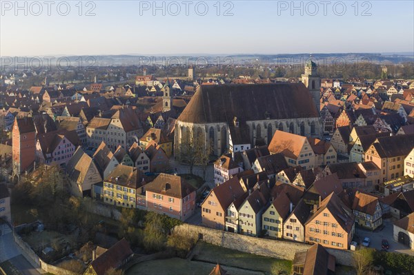 Aerial view of the medieval town of Dinkelsbuehl with St. George Minster and Woernitz Gate