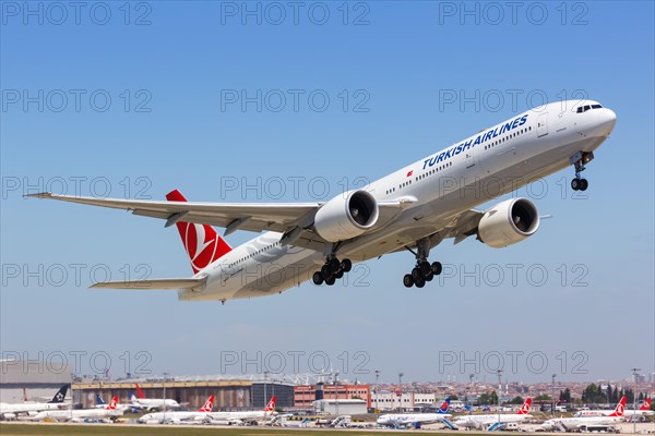 A Turkish Airlines Boeing 777-300ER with the registration TC-JJM takes off from Istanbul Airport