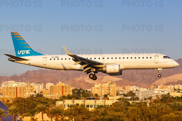 An Arkia Embraer 190 with registration number 4X-EMB lands at Eilat Airport