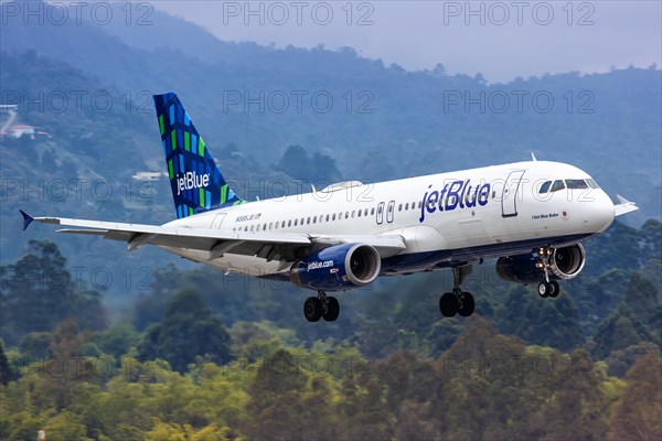 A JetBlue Airbus A320 aircraft with registration number N585JB lands at Medellin Rionegro Airport