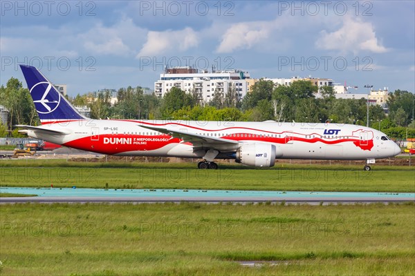 A Boeing 787-9 Dreamliner aircraft of LOT Polskie Linie Lotnicze with registration SP-LSC at Warsaw Airport