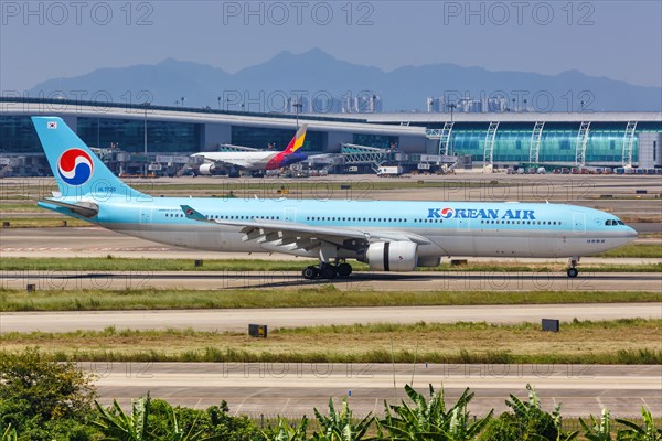 An Airbus A330-300 aircraft of Korean Air with registration number HL7720 at Guangzhou airport