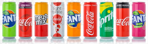 Coca Cola Coca-Cola products Fanta Sprite lemonade drinks in can in a row exempted isolated in Germany