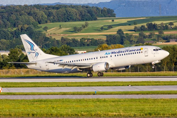 A Boeing 737-400 aircraft of Air Mediterranean with registration SX-MAM at Stuttgart airport