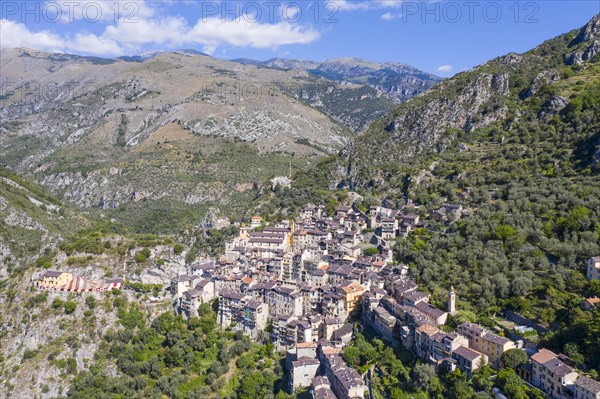 Aerial view of the mountain village of Saorge above the Roya valley on the road between Ventimiglia on the coast and the Col de Tende pass