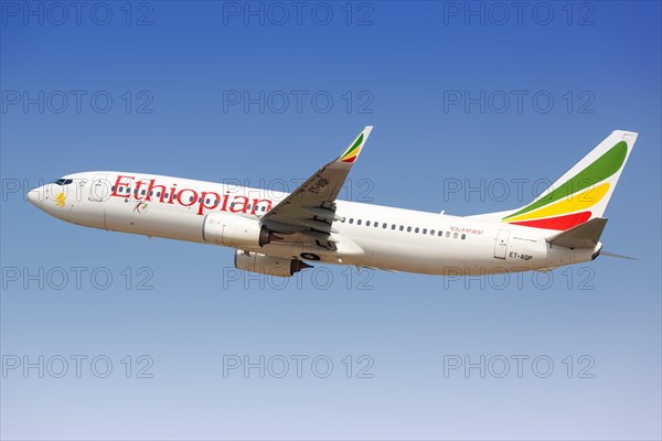 An Ethiopian Airlines Boeing 737-800 aircraft with registration number ET-AQP takes off from Tel Aviv Airport