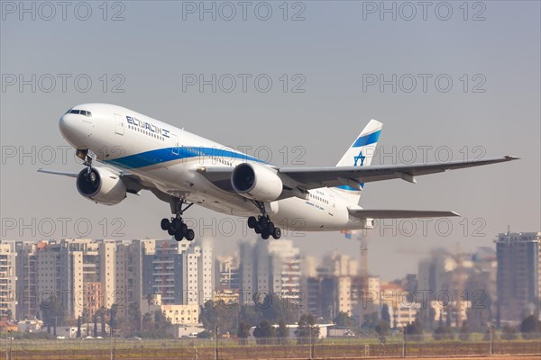 A Boeing 777-200ER aircraft of El Al Israel Airlines with registration number 4X-ECB takes off from Tel Aviv Airport