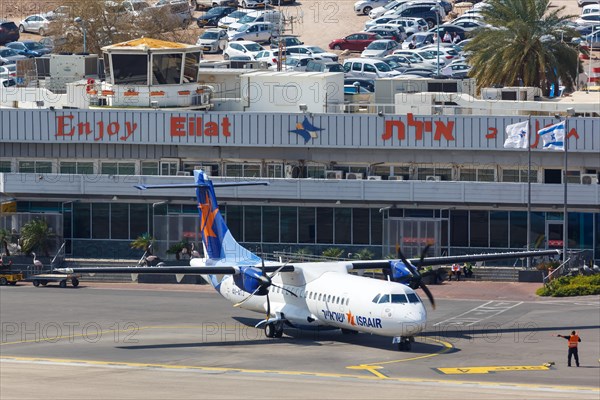 An Israir ATR 72-500 aircraft with registration number 4X-ATJ at Eilat Airport