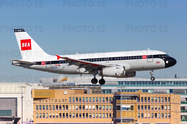 An Airbus A319 aircraft of British Airways with the registration G-EUPJ in the retro special livery lands at Stuttgart Airport