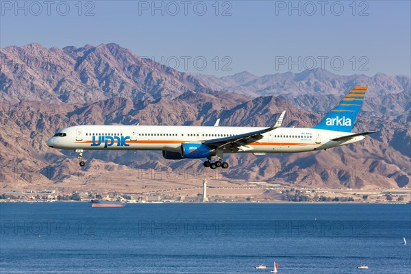 An Arkia Boeing 757-300 aircraft with registration number 4X-BAU lands at Eilat Airport
