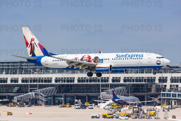 A SunExpress Germany Boeing 737-800 with the registration D-ASXJ and the special livery X-Men Dark Phoenix lands at Stuttgart Airport