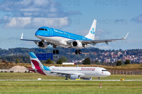 A KLM cityhopper Embraer ERJ190 with registration PH-EXV at Stuttgart Airport