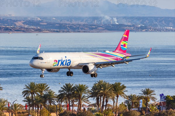 An Arkia Airbus A321neo with the registration number 4X-AGH lands at Eilat Airport