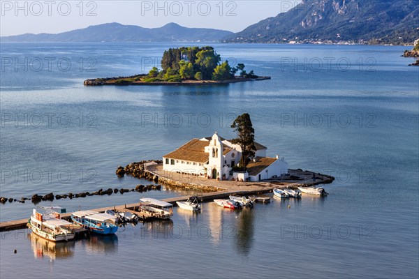Vlachernon Vlacherna church Kanoni island travel travel sea boats boat on Corfu