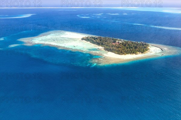Island vacation paradise sea text free space copyspace Embudu Resort aerial photo tourism in the Maldives