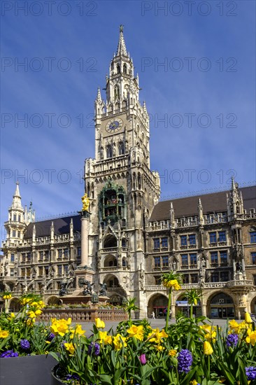 New town hall with Marian column and steeples of the Church of Our Lady