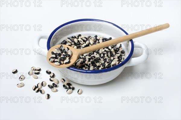 Dried bush beans in pot with cooking spoon