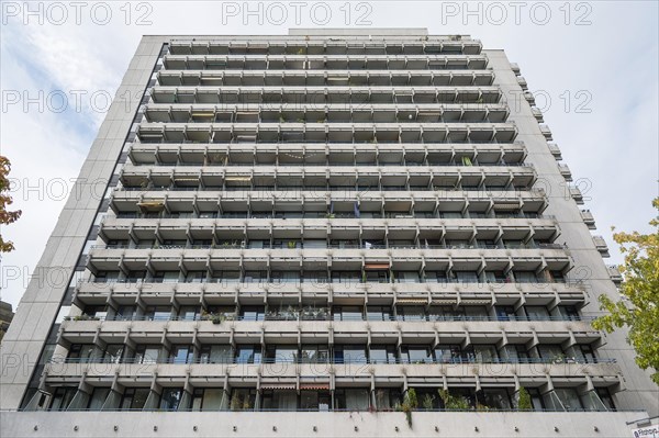 High-rise building with concrete balconies