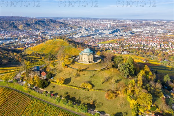Grave chapel Wuerttemberg Rotenberg vineyards aerial view city trip in Stuttgart