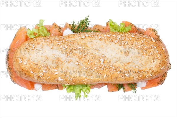 Roll sandwich wholemeal baguette topped with salmon fish from above exempt isolated