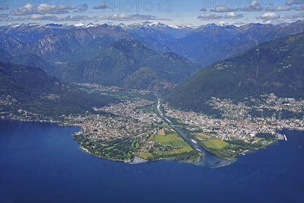 Maggia Delta with Ascona and Locarno with alpine chain at the end of Valle Maggia