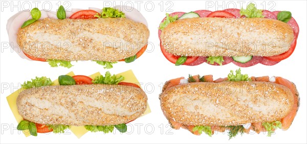 Roll Sandwich Collection Wholemeal Baguette Cheese Salami Ham Salmon Fish From Top cut out Isolated