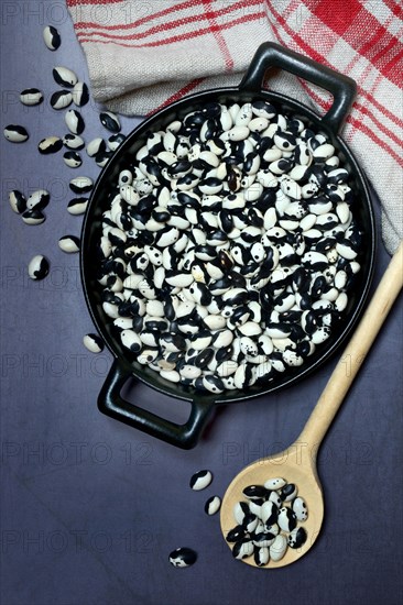 Dried bush beans in pot with cooking spoon