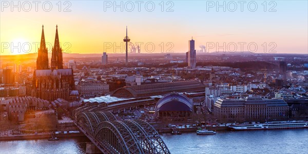 Cologne Cathedral Church Panorama Skyline City Sunset Bridge Rhine Hohenzollern Bridge in Cologne