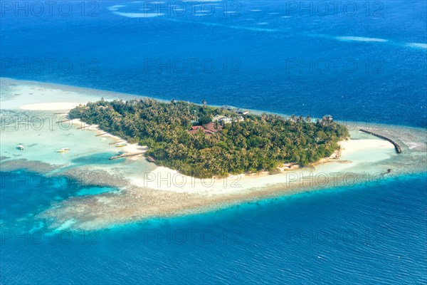 Island vacation paradise sea text free space copyspace Embudu Resort aerial photo tourism in the Maldives