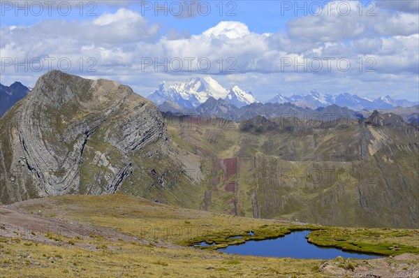 Small lagoon at 4800 m above sea level with view to the Cordillera Huayhuash