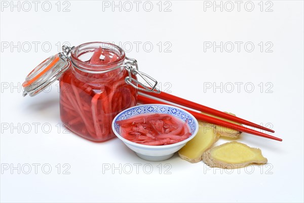 Pickled ginger in glass and peel