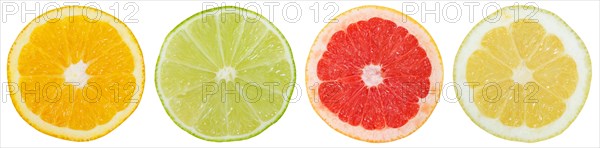 Citrus fruits tropical fruits collection orange lemon fruits in a row cut half clipping isolated against a white background