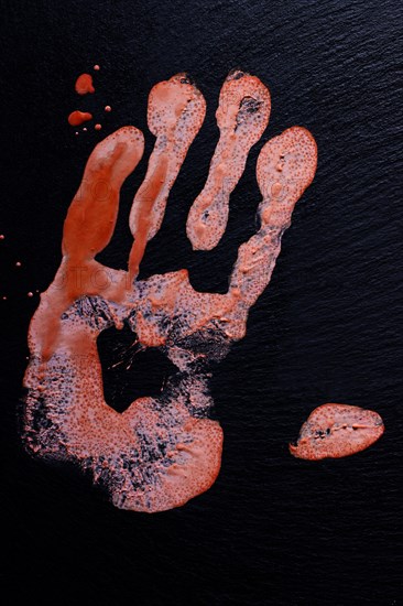 Red handprint on a slate