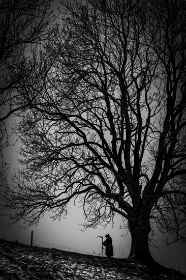 Man with scythe under tree with starry sky