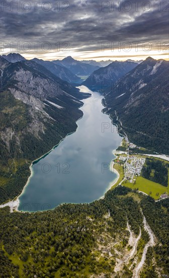 View from the summit of Schoenjoechl to Plansee and mountains