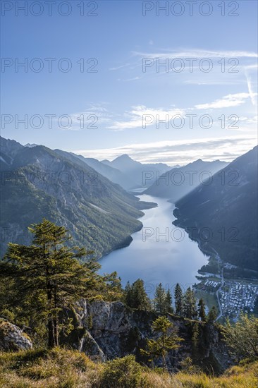 View from the summit of Schoenjoechl to Plansee and mountains