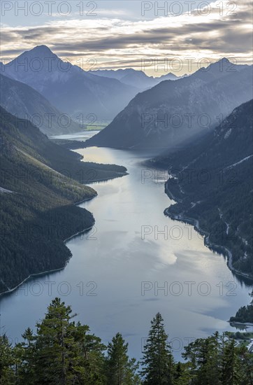 View from the summit of Schoenjoechl to Plansee and mountains