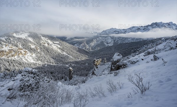 View over snowy valley towards Reintal